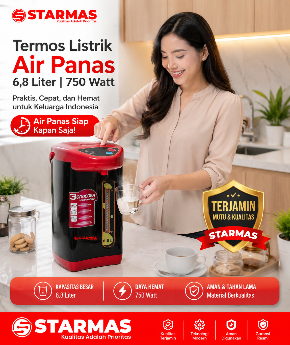 STARMAS Termos Listrik 6,8 L Termostat Komersial – Auto Mati, Thermo Pot, Reboil, Kunci Pengaman, Fast Boil, Pemanas Air Digital - Gambar 6