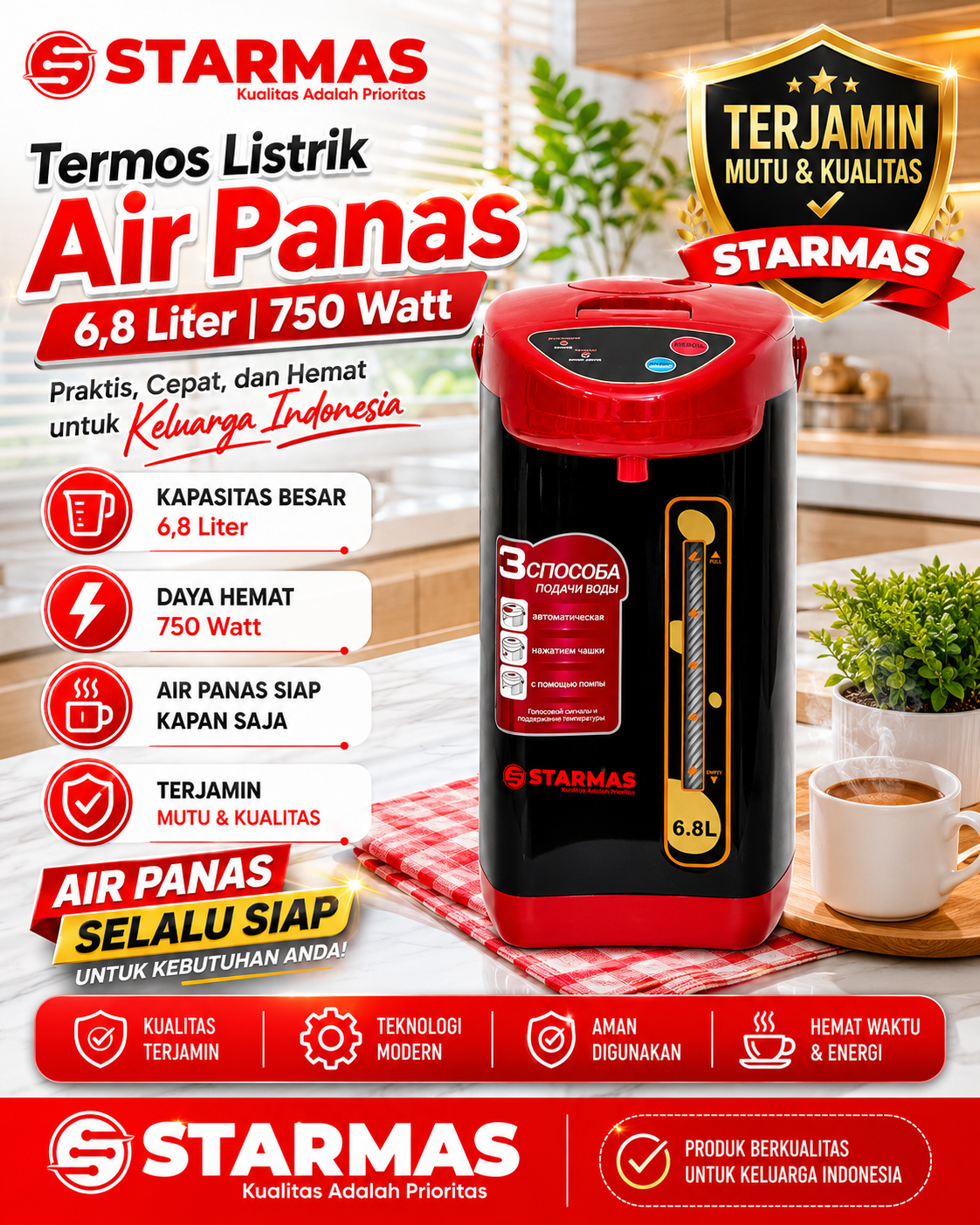 STARMAS Termos Listrik 6,8 L Termostat Komersial – Auto Mati, Thermo Pot, Reboil, Kunci Pengaman, Fast Boil, Pemanas Air Digital - Gambar 7