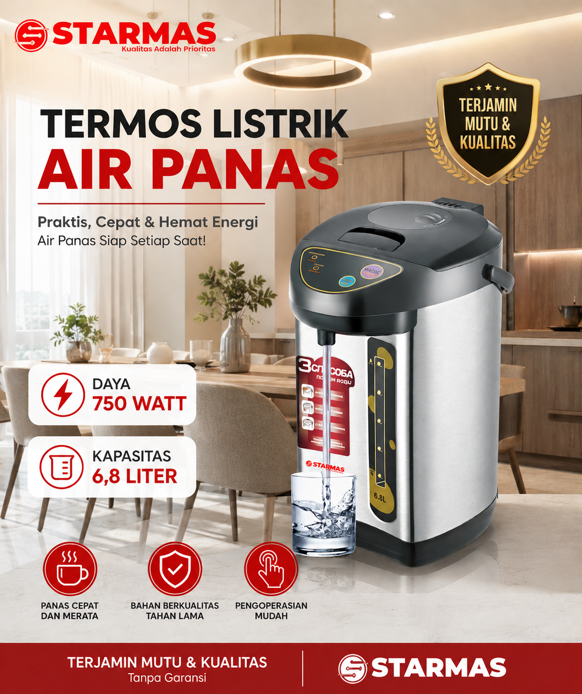 STARMAS Termos Listrik 6,8 L Termostat Komersial – Auto Mati, Thermo Pot, Reboil, Kunci Pengaman, Fast Boil, Pemanas Air Digital - Gambar 9