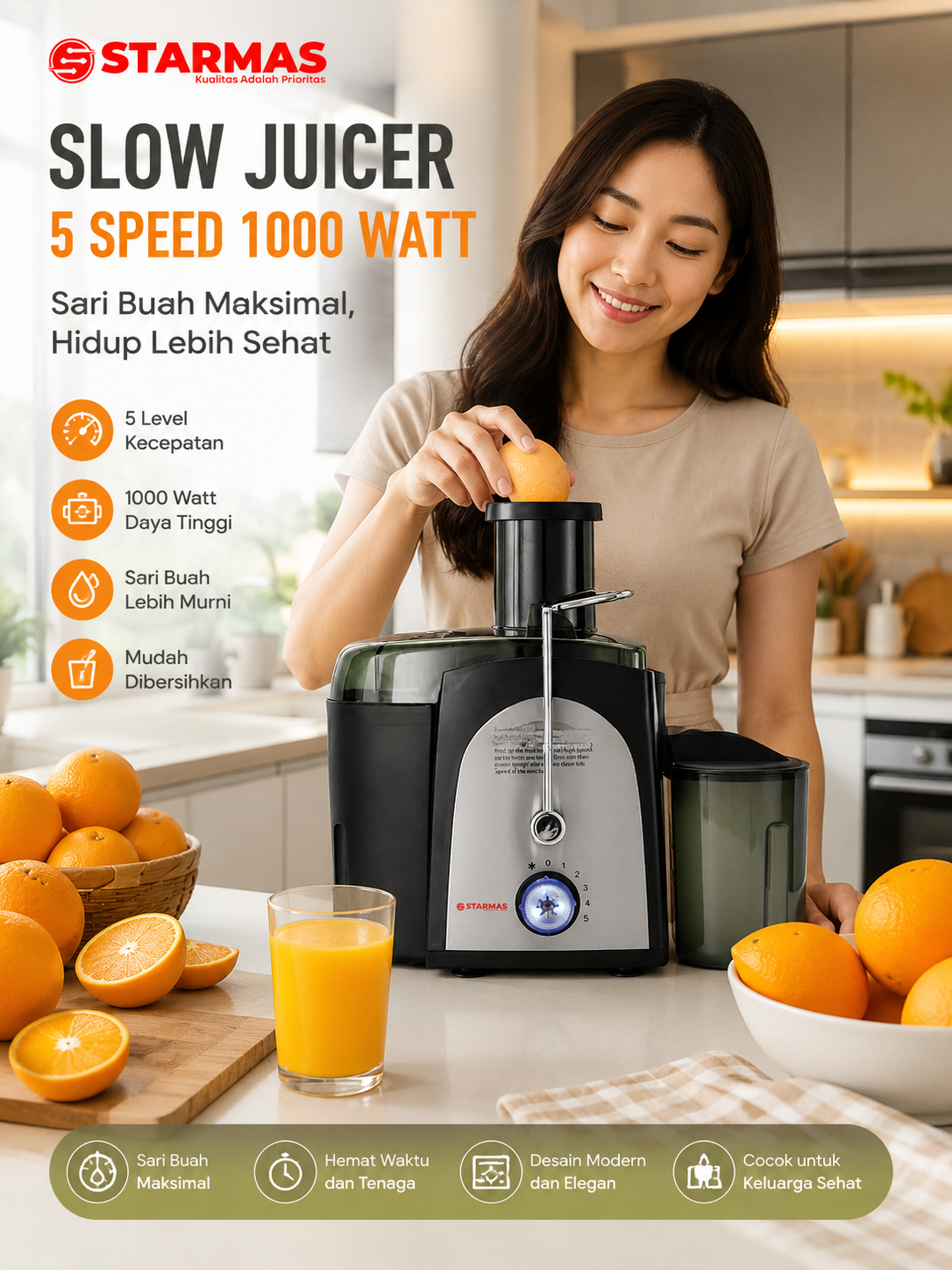STARMAS Slow Juicer Extractor 5 Speed 1000 Watt 800 Ml Hitam Perak, Sari Buah Murni, Desain Modern - Gambar 7