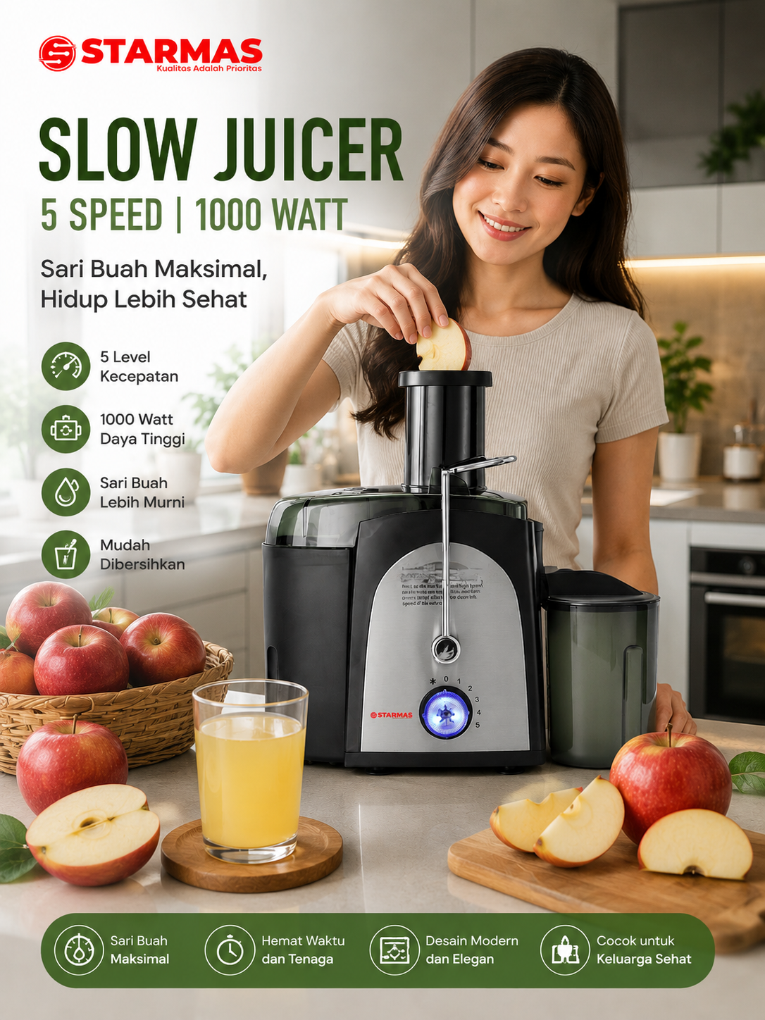 STARMAS Slow Juicer Extractor 5 Speed 1000 Watt 800 Ml Hitam Perak, Sari Buah Murni, Desain Modern