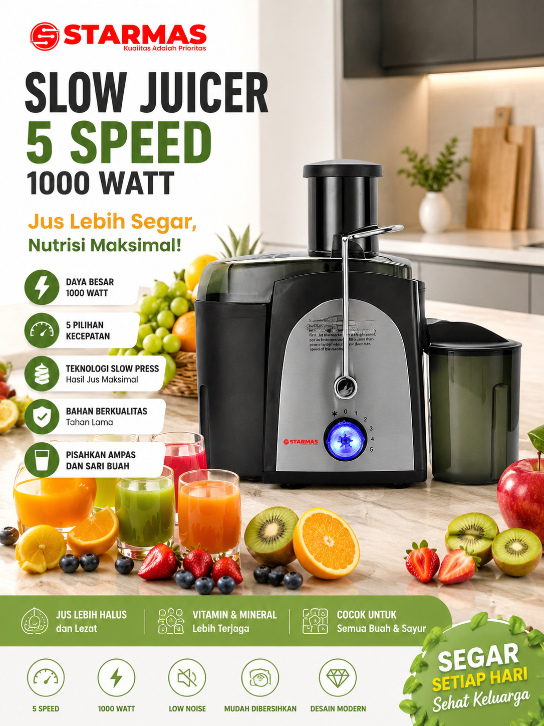 STARMAS Slow Juicer Extractor 5 Speed 1000 Watt 800 Ml Hitam Perak, Sari Buah Murni, Desain Modern - Gambar 3