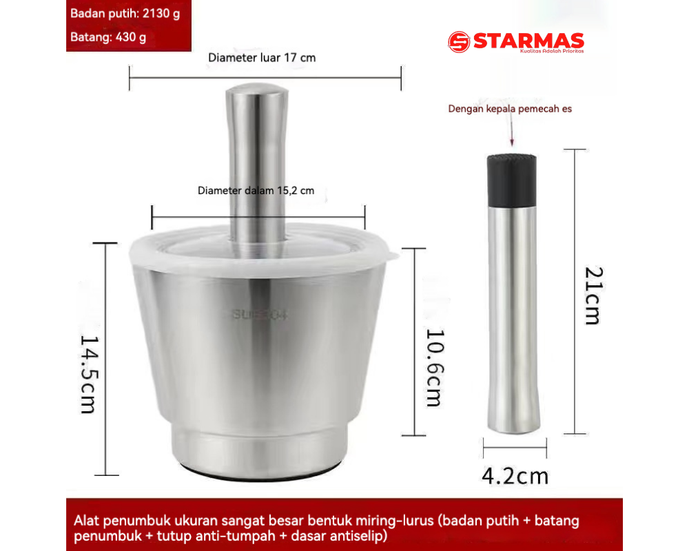 STARMAS Stainless dengan Ulekan dan Tutup Alat Dapur Digunakan untuk Tumbukan Bumbu /Obat Obatan - Gambar 17