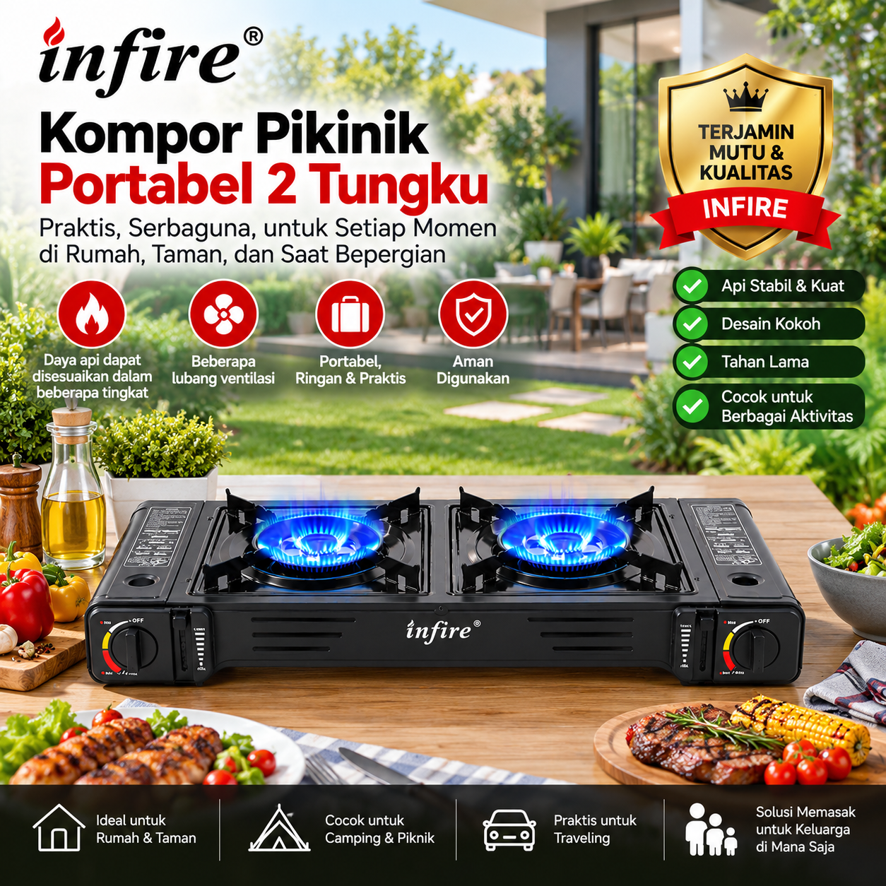 INFIRE Kompor Piknik Portable 2 Tungku Awet Serbaguna untuk Rumah Piknik Camping dan Travel - Gambar 3