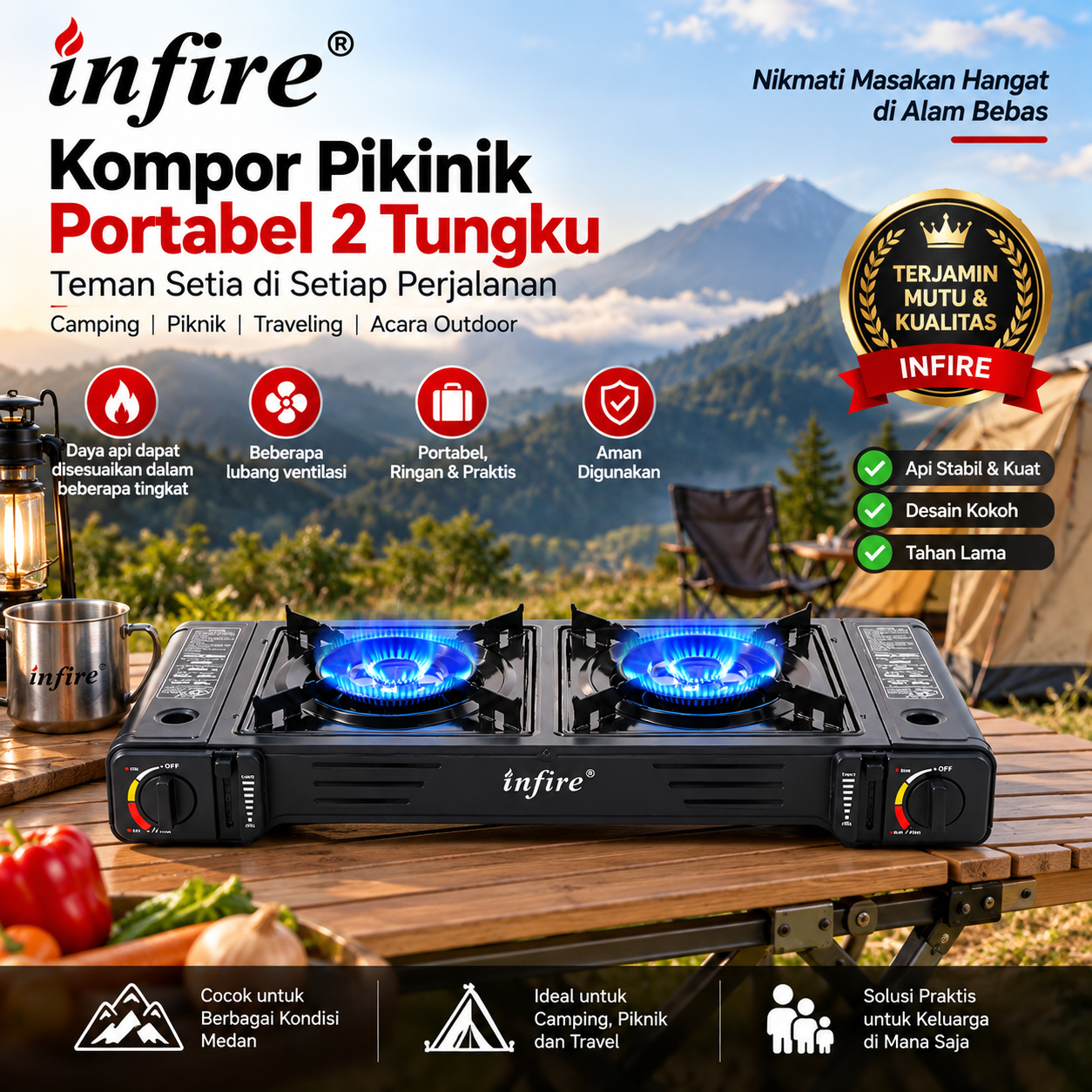INFIRE Kompor Piknik Portable 2 Tungku Awet Serbaguna untuk Rumah Piknik Camping dan Travel - Gambar 2