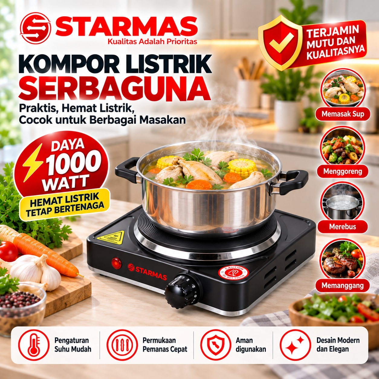 STARMAS kompor listrik Mini Hot Plate Cooking 1000 Watt Original Starmas Tungku kompor listrik - Gambar 3