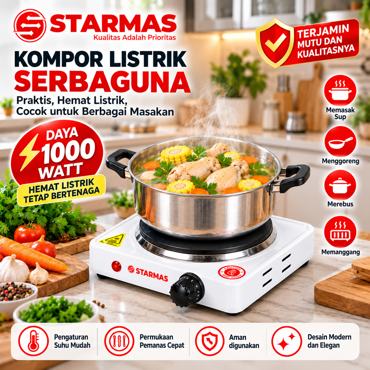 STARMAS kompor listrik Mini Hot Plate Cooking 1000 Watt Original Starmas Tungku kompor listrik - Gambar 2