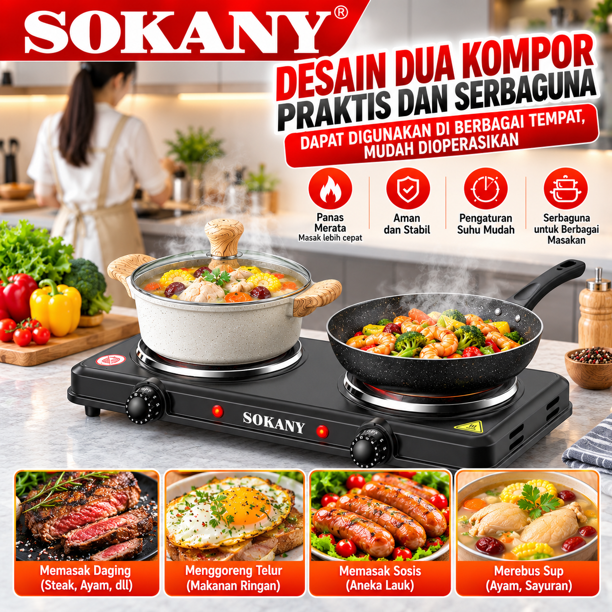 SOKANY Kompor listrik 2 Tungku 2000 Watt Praktis Hemat Listrik Dengan Pengaturan Panas Merata - Gambar 7