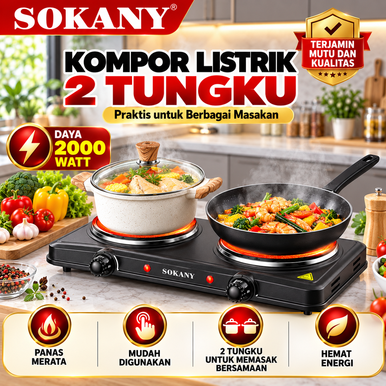 SOKANY Kompor listrik 2 Tungku 2000 Watt Praktis Hemat Listrik Dengan Pengaturan Panas Merata - Gambar 2