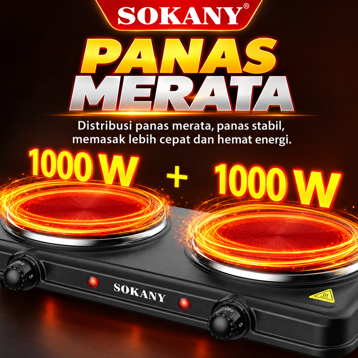 SOKANY Kompor listrik 2 Tungku 2000 Watt Praktis Hemat Listrik Dengan Pengaturan Panas Merata - Gambar 3