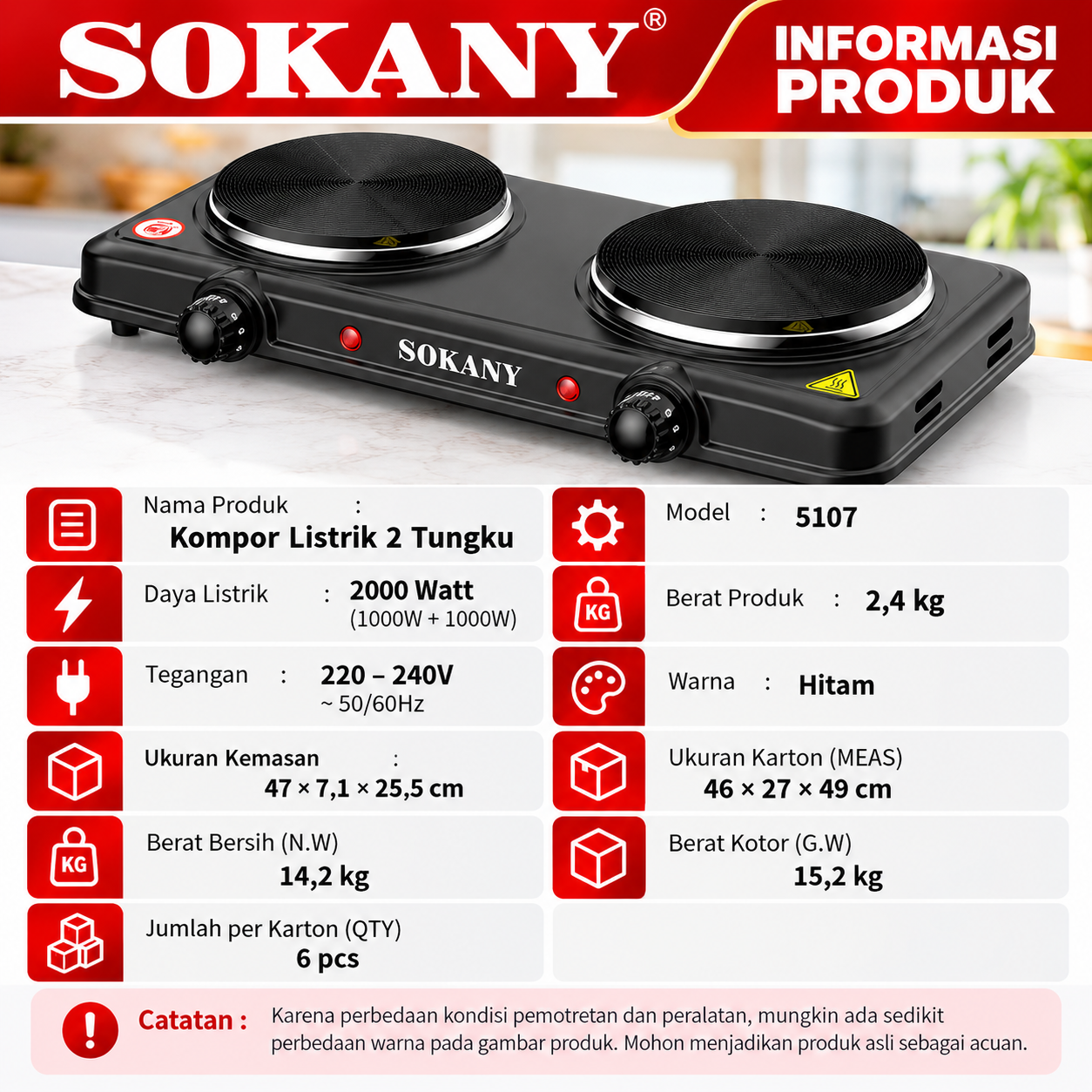 SOKANY Kompor listrik 2 Tungku 2000 Watt Praktis Hemat Listrik Dengan Pengaturan Panas Merata - Gambar 4