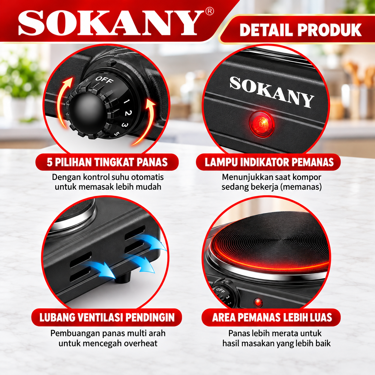 SOKANY Kompor listrik 2 Tungku 2000 Watt Praktis Hemat Listrik Dengan Pengaturan Panas Merata - Gambar 5
