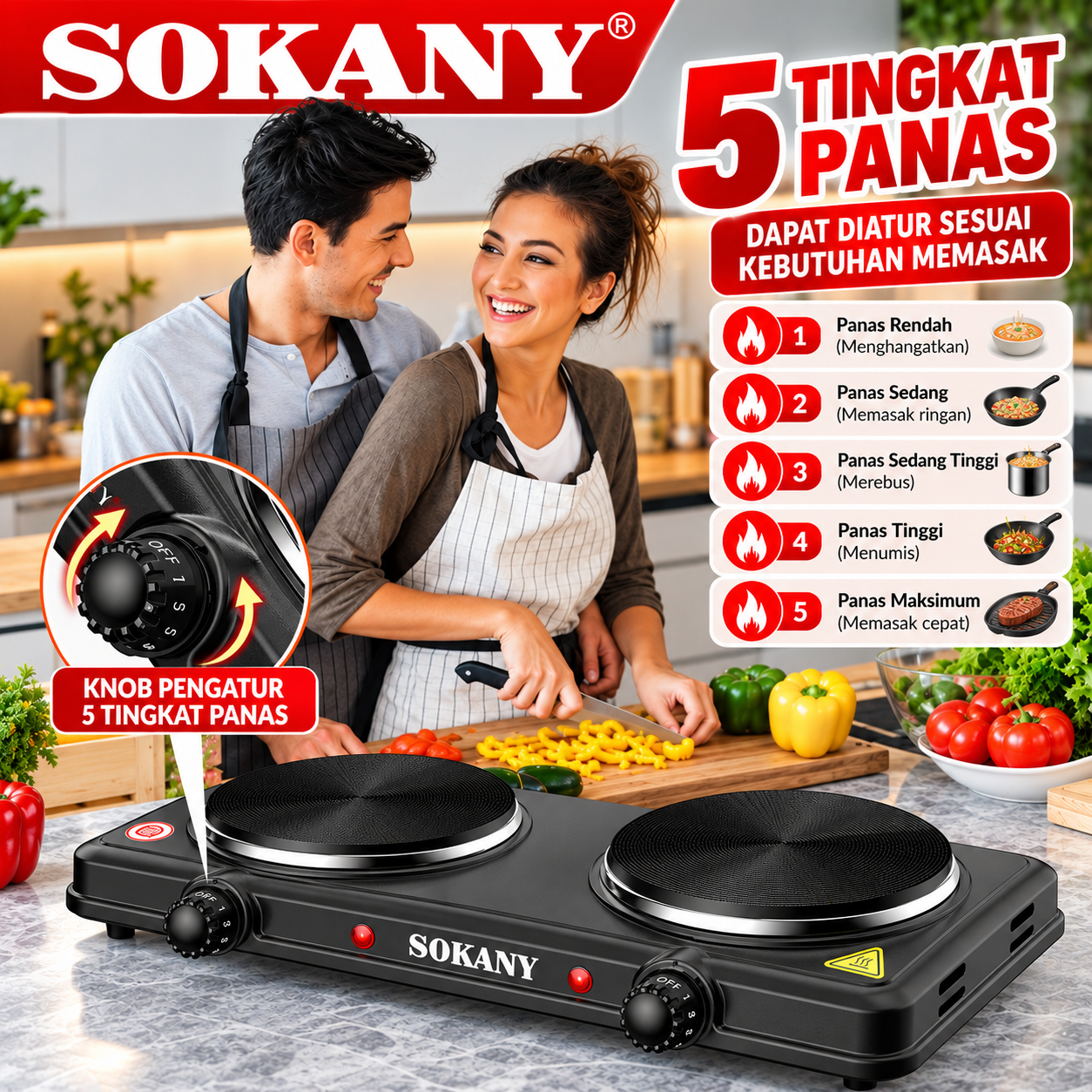 SOKANY Kompor listrik 2 Tungku 2000 Watt Praktis Hemat Listrik Dengan Pengaturan Panas Merata