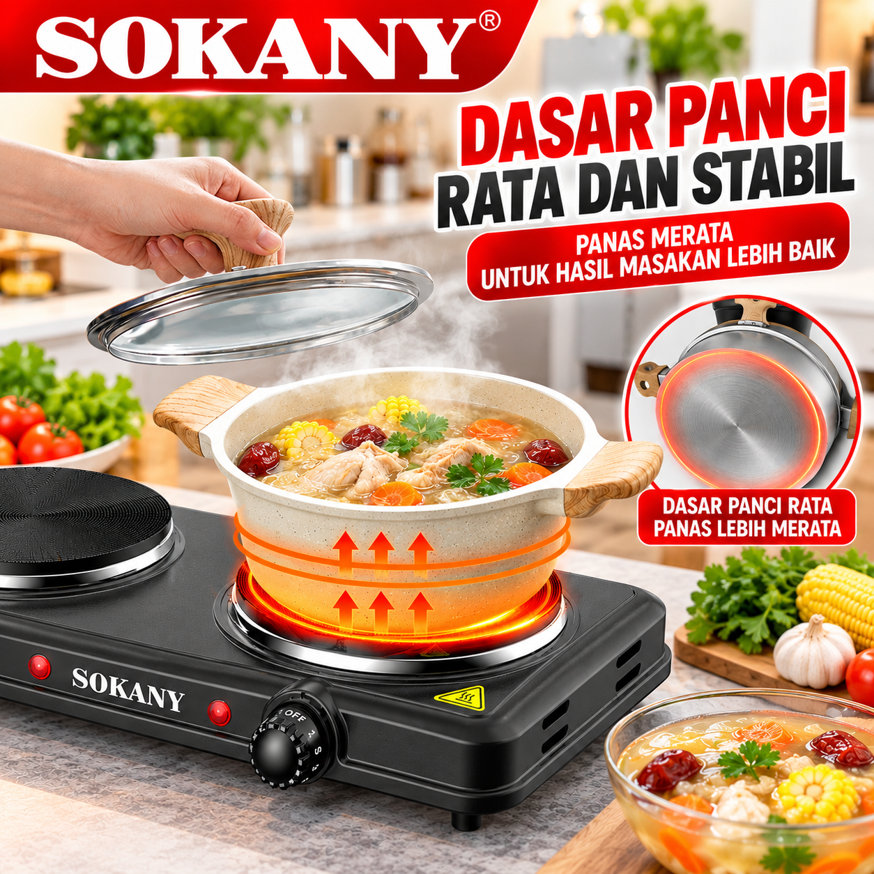 SOKANY Kompor listrik 2 Tungku 2000 Watt Praktis Hemat Listrik Dengan Pengaturan Panas Merata - Gambar 6