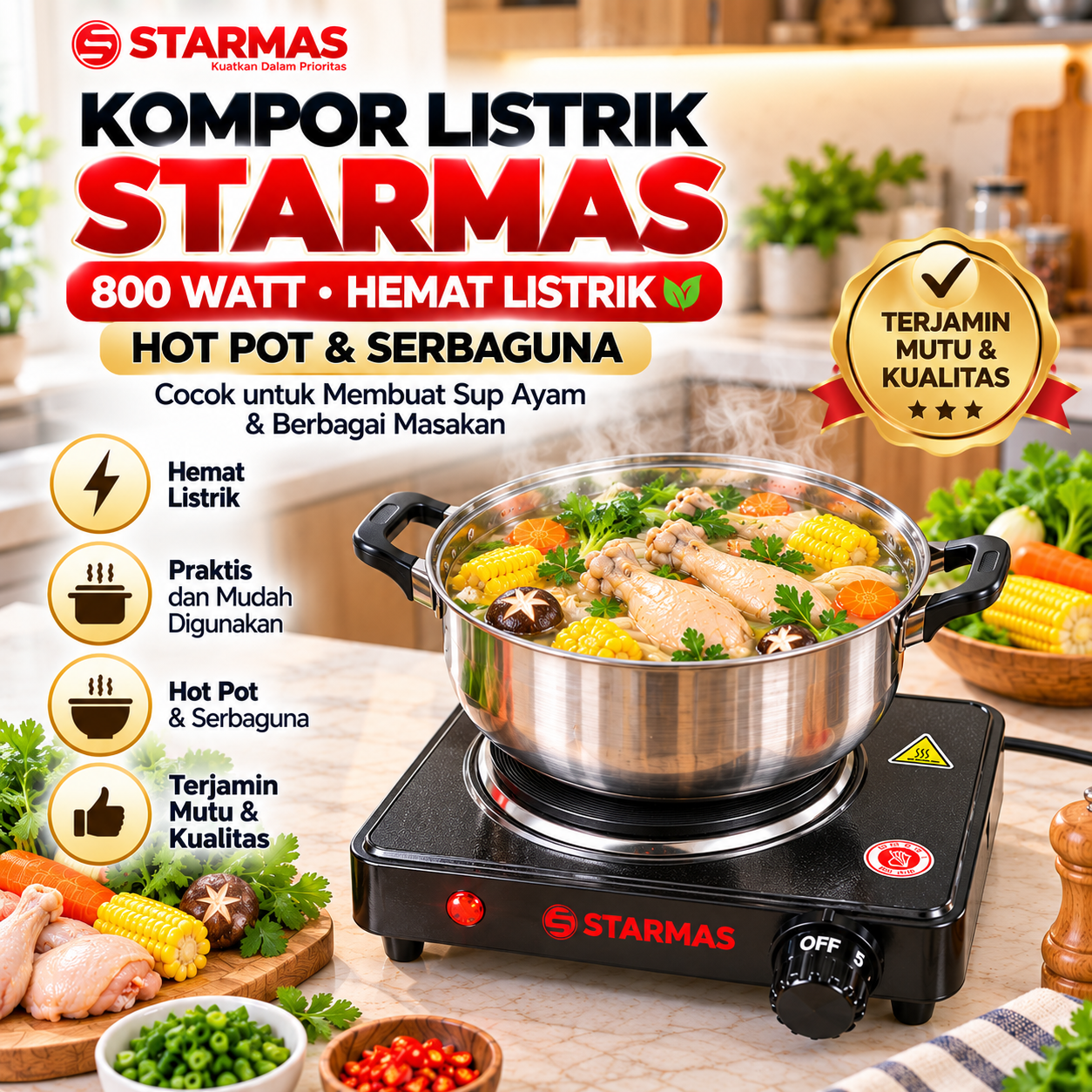 STARMAS Kompor Listrik 800 Watt Hemat Listrik untuk Sup Ayam dan Berbagai Masakan - Gambar 2