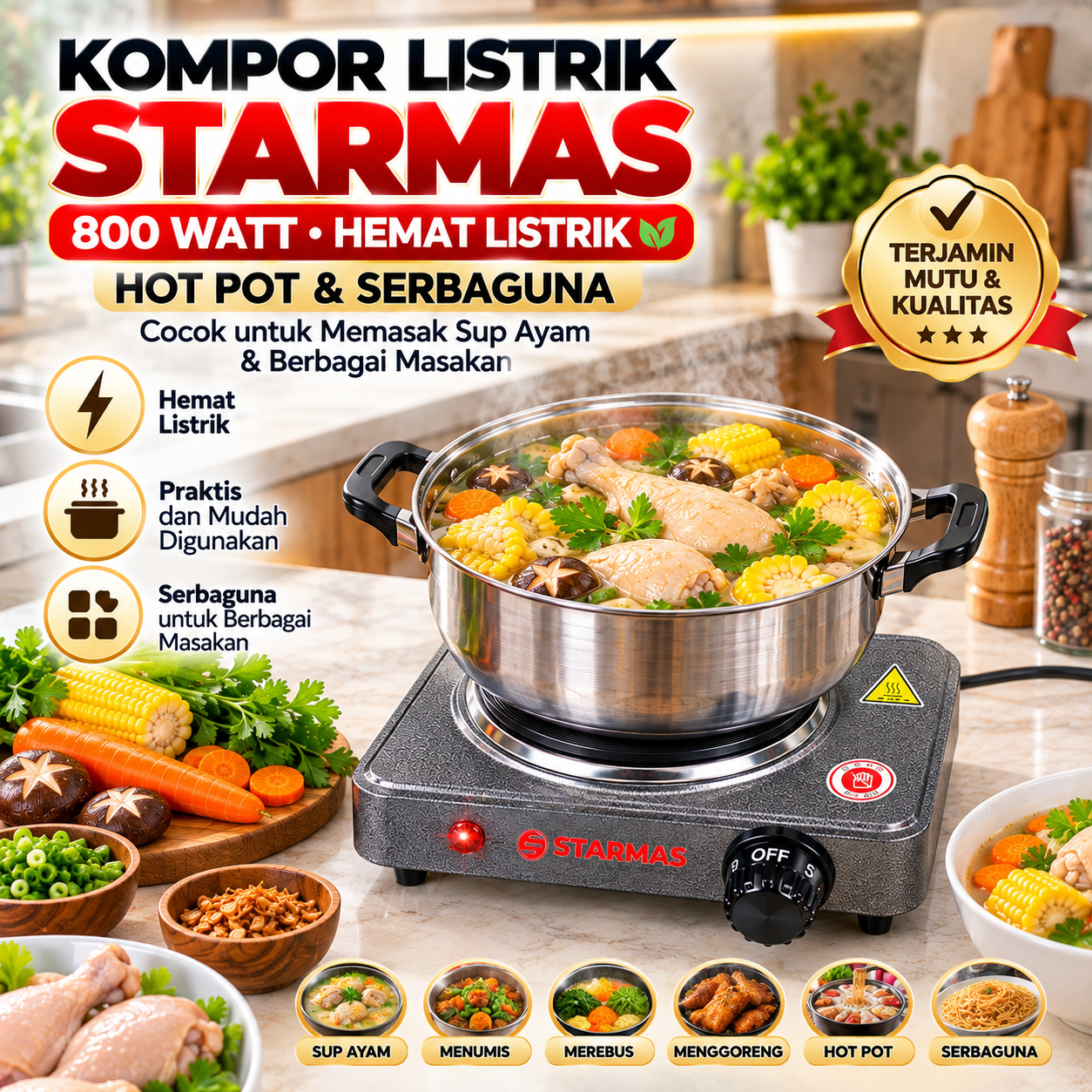 STARMAS Kompor Listrik 800 Watt Hemat Listrik untuk Sup Ayam dan Berbagai Masakan - Gambar 3