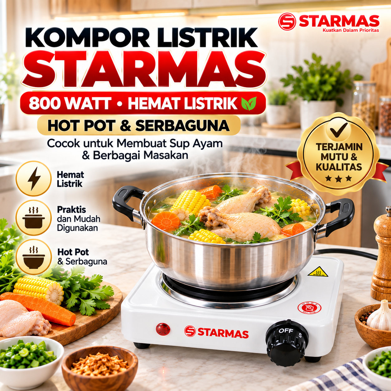 STARMAS Kompor Listrik 800 Watt Hemat Listrik untuk Sup Ayam dan Berbagai Masakan - Gambar 4