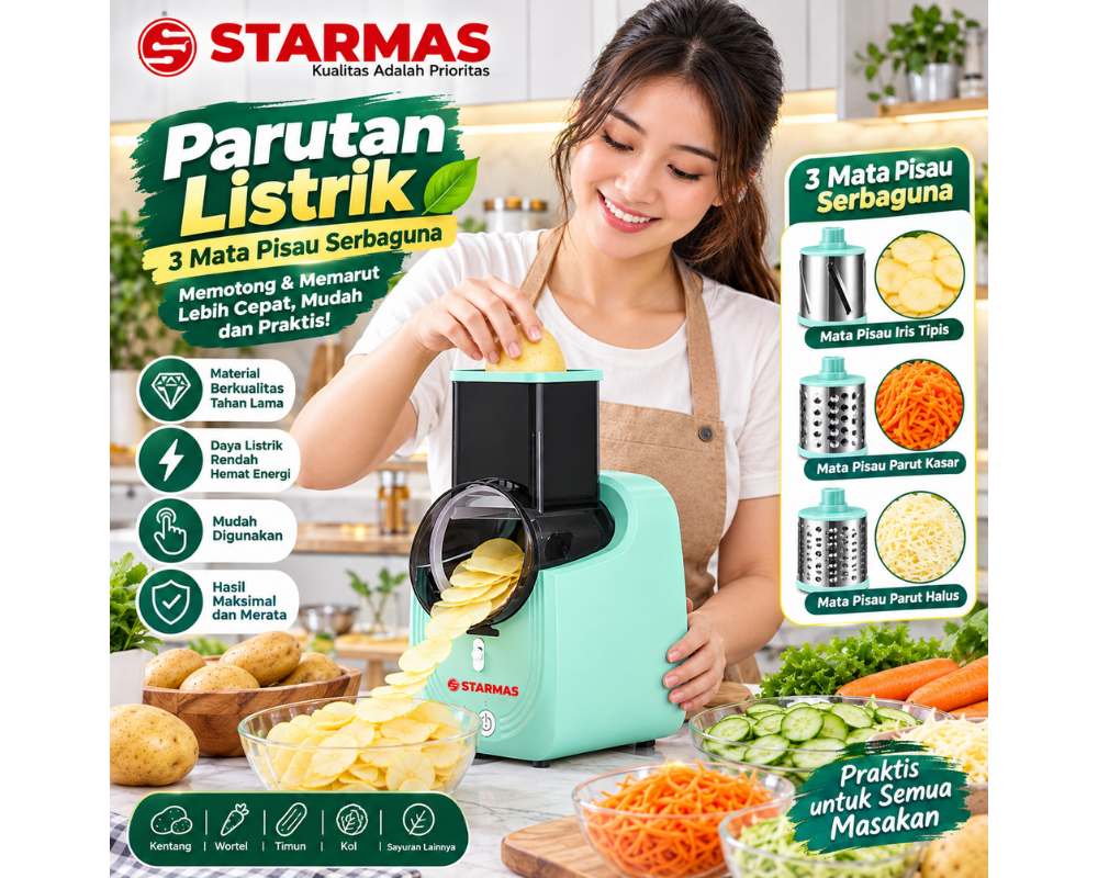 STARMAS Parutan Listrik 3 Mata Pisau Serbaguna untuk Kentang Wortel Timun Kol